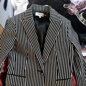 Teri Jon sports coat , vintage thin white stripe and navy , cotton small 6